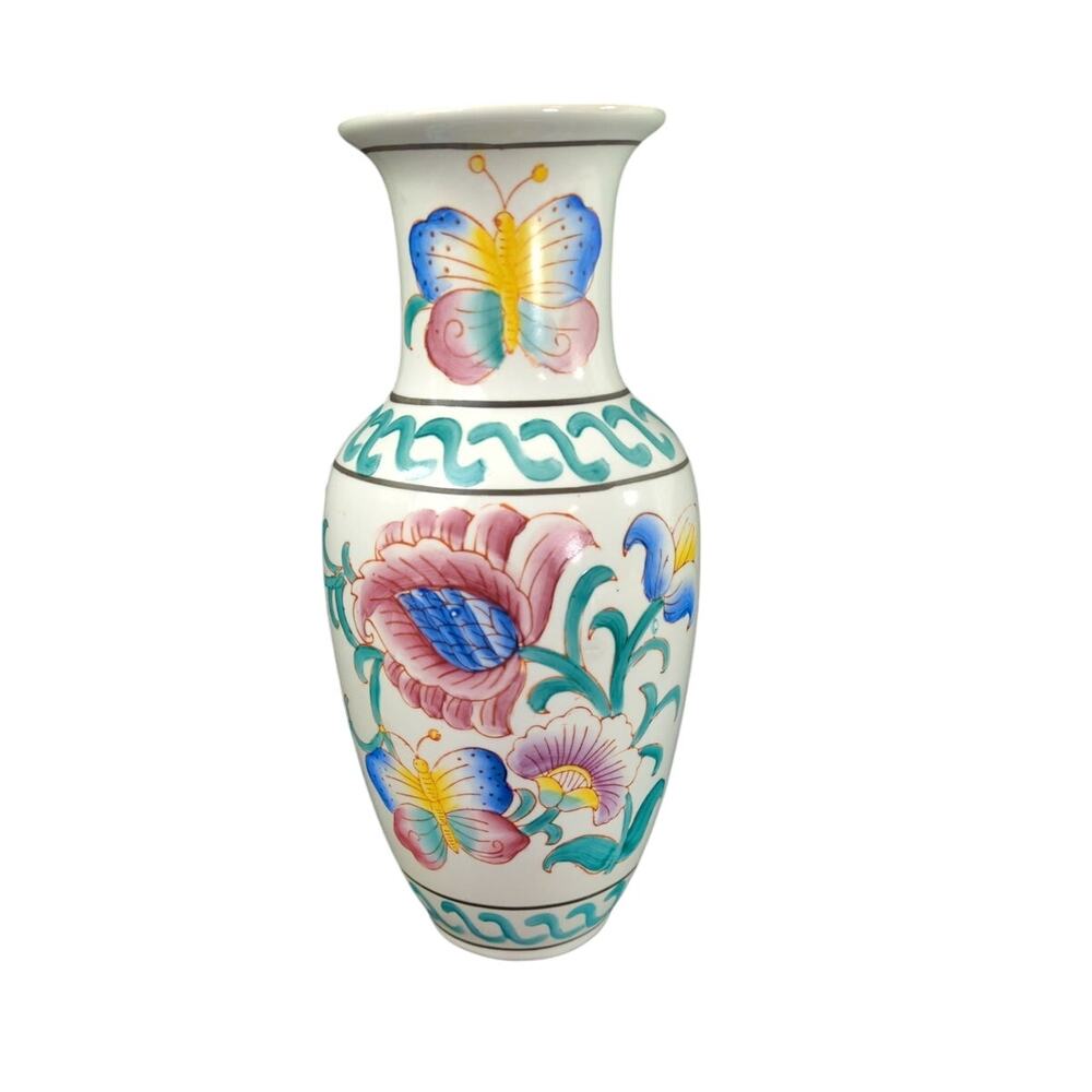 Vintage Chinese Floral Butterfly Vase 12.5" Blue, Green, Yellow, Pink